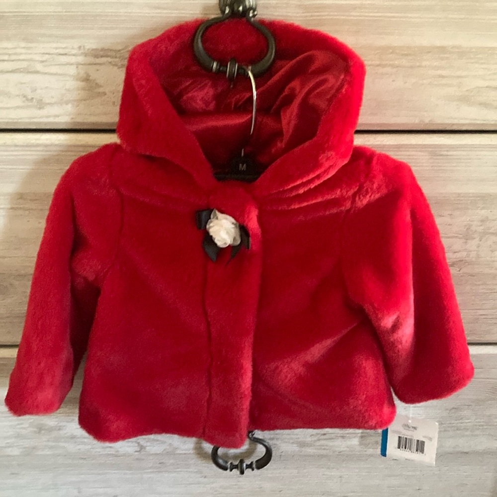 LITTLE ME Red Faux Fur Bow Detail Hooded Teddy Coat Button Zip Baby Size 18-24M